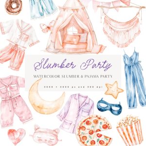 Slumber Party Clipart Set – Pajama Party Clipart – Watercolor Party Clipart – Clipart For Kids – Pajama Clipart – Unlimited Sales License