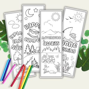 Camping Coloring Bookmarks For Kids, Camping Printable Activity, Nature Campfire Bookmarks To Color, Camping Holiday Quiet Time Craft Idea