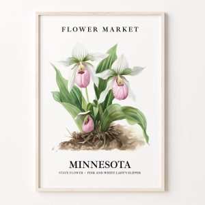 Minnesota Flower Market Art Print, Pink and White Lady’s Slipper Wall Art, Botanical Pastel Artwork, Minnesota Flower Decor, C31-165
