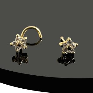 9K Gold Flower Nose Stud with 5 CZ Stones – 22G (0.6mm) – Choose Nose Bone or Corkscrew Design