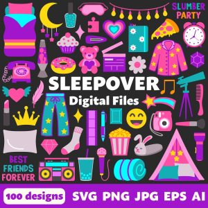 Sleepover Digital Files, SVG PNG JPG, Clipart, Cut Files, Printable, Instant Download, Girl Birthday, Friends, Fun, Slumber Party, Pajamas