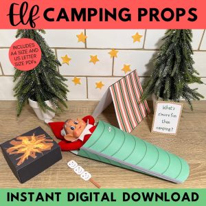 Printable Elf Camping Props, Christmas Elf Sleeping Bag and Campfire, Funny Elf Ideas, Elf Accessories, Instant Digital Download Elf Scene