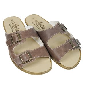 Women Double Strap & ,Buckle Barefoot Sandals CRAZY BEIGE-BIsON Leather Handmade Zero Drop, Slipper