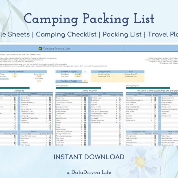 Camping Packing Lists | Camp Checklist | Stress-Free | Camping Bundle | Backpacking | Camping Gear | Google Sheets | INSTANT DOWNLOAD