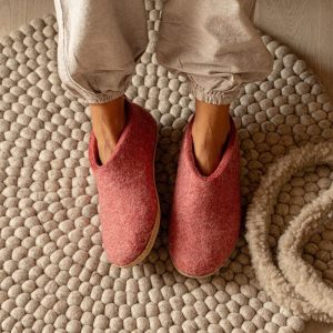 Woollyes Cherry Pink Indoor Open Heel Slippers with Leather Sole – Handmade Comfort Footwear – Eco-friendly Woolen Slippers
