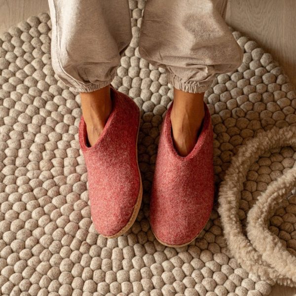 Woollyes Cherry Pink Indoor Open Heel Slippers with Leather Sole – Handmade Comfort Footwear – Eco-friendly Woolen Slippers