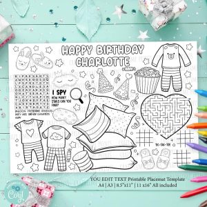 EDITABLE Pajama Slumber Birthday Party Placemat. Sleepover Party Personalised Name Coloring & Game Table Decoration Printable File DIY K150