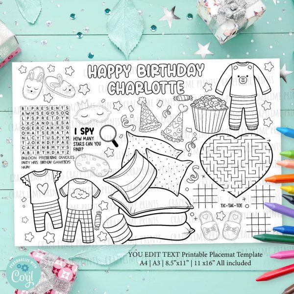 EDITABLE Pajama Slumber Birthday Party Placemat. Sleepover Party Personalised Name Coloring & Game Table Decoration Printable File DIY K150