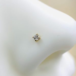 14K Gold Diamond Nose Stud, Square Cut Gem L Shape Nose Piercing Stud, 20g Nose Stud