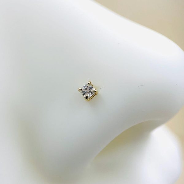 14K Gold Diamond Nose Stud, Square Cut Gem L Shape Nose Piercing Stud, 20g Nose Stud