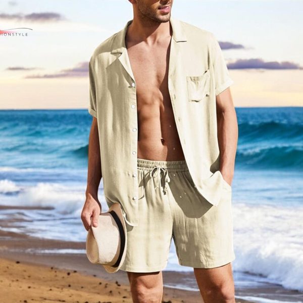 Men’s Cotton Linen Set | Casual Outdoor Outfit | Comfortable Short Sleeve Style