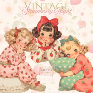 19 Vintage Strawberry Night Girl Clipart, Cute Girls In Pastel Pink Pajama, Printable PNG For Paper Crafts, Scrapbooking, Junk Journal