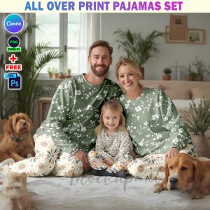 Canva AOP Family Pajamas Set Mockup, All Over Print Pajamas Set Template, Loungewear Mockup, PJ Set Mock-Up, Mom, Dad & Daughter Nightwear