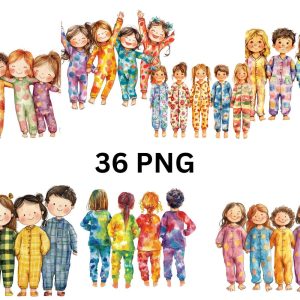 Kids in Colorful Pajamas Clipart – 36 PNG, individual images on transparent background, sublimation