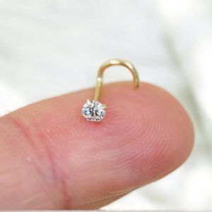 14K Solid Gold Diamond Nose Screw, Corkscrew Nose Piercing Stud, 20g Thin Nose Stud, Elegant Solid Gold Nose Jewelry