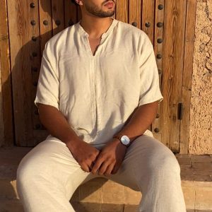 Men’s Linen Ensemble simple – Premium Flax Tunic Shirt  Pants – Organic, Comfortable Stylish Clothing Set for Spring and Summer Outings