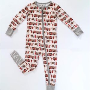 Firehouse Friends Bamboo Zip Up Pajama Romper for Babies and Toddlers – Unisex, Soft PJs with Firetrucks and Dalmatians – Cute Kids Clothes