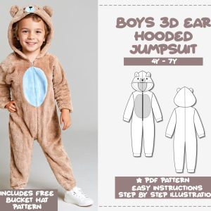 Boys Sewing Pattern 4Y-7Y Boys 3D Ear Hooded Jumpsuit PDF Pattern Kids Jumpsuit Sewing Pattern Sleepwear Pattern Pajama Footsie Pattern PJs