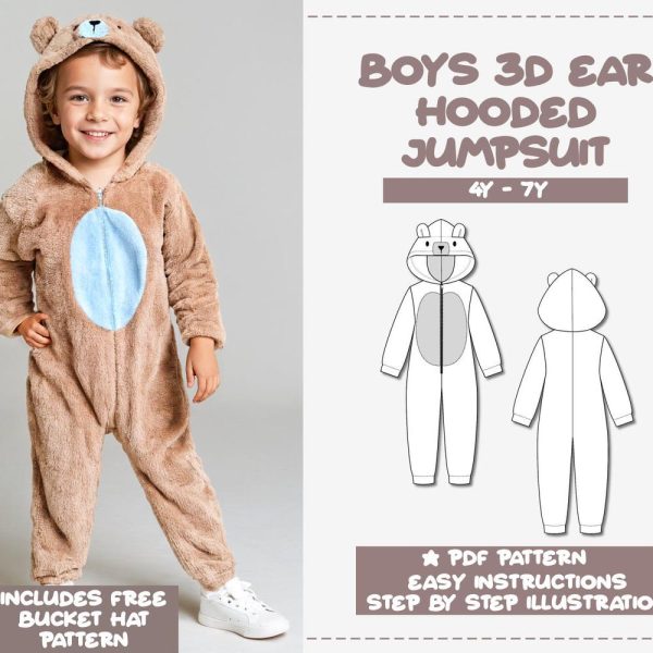 Boys Sewing Pattern 4Y-7Y Boys 3D Ear Hooded Jumpsuit PDF Pattern Kids Jumpsuit Sewing Pattern Sleepwear Pattern Pajama Footsie Pattern PJs
