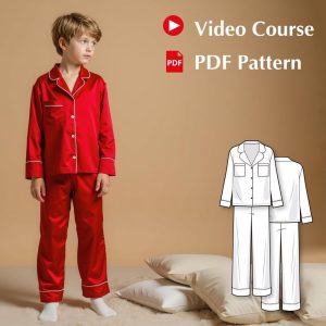 Kids Pajama Sewing Pattern with Video Tutorial, Woven Button-Down PJ Set, Lapel Collar DIY Sleepwear for Boys and Girls, PDF Pattern