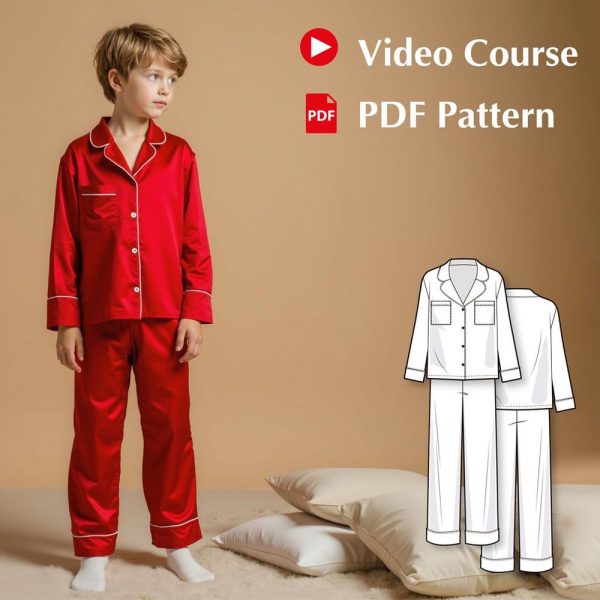 Kids Pajama Sewing Pattern with Video Tutorial, Woven Button-Down PJ Set, Lapel Collar DIY Sleepwear for Boys and Girls, PDF Pattern