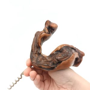 vintage wine cork screw bottle opener / large Corkscrew with natural wooden handle / French vine root collectible barware