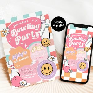 Bowling Birthday Invite, Checkered Smile Face Birthday invite, Groovy Retro birthday emoji invitation Tween Birthday, Any Age Girl Birthday