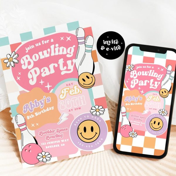Bowling Birthday Invite, Checkered Smile Face Birthday invite, Groovy Retro birthday emoji invitation Tween Birthday, Any Age Girl Birthday