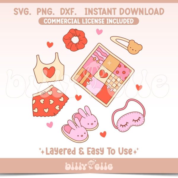 Cute Slumber Party bundle PNG – Cute Valentines Bundle SVG – Girly Pijama png – Bunny Slippers Sticker – IT Girl pjs – Eye mask Scrunchie
