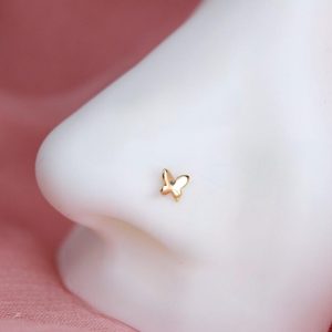 14K Solid Gold Butterfly Nose Stud, 20g Gold Corkscrew Nose Piercing, Dainty Gold Nose Jewelry, Minimalist Nose Piercing Ring Jewelry