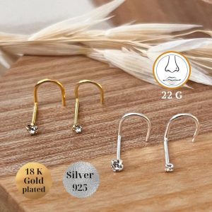 Zircon Gold Solid Silver Nose screw, small mini nose diamond cubic Prong dot screw, dainty nose cz jewelry, Nostril 1.5mm 2mm Nose Corkscrew
