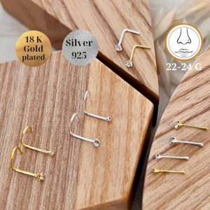 Tiny St Silver 925 nose studs, Bone L-shape Screw Nose jewelry, Small diamond Nose Ring, White Cubic Prong Set, Nose Corkscrew Stud Piercing