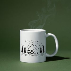 camping mug – personalized, gifts for campers, camping accessories, camping dishes, camper mugs, camping gift idea, Let the Adventure begin