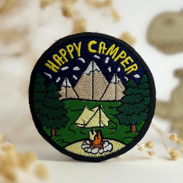 Happy Camper Embroidered Patch, Iron On Camping Badge, Van Life Adventure, Nature Travel Gift, Tent Outdoor Accessory, 7.5×7.5cm