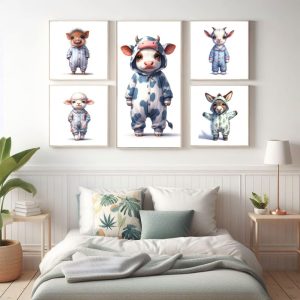 Animals in Pajamas Print, Set of 5 Baby Wall Art, Cute Nursery Decor, Printable Farm Animal Prints for Kids’ Rooms, Pyjamas Animal Poster
