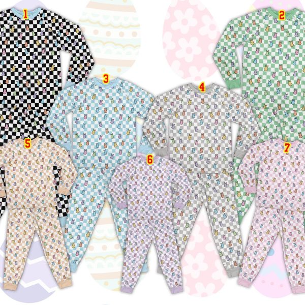 Happy Easter Bunny Checkered Pajama Sets, Matching Family Easter Pajamas, Springtime Easter Pajamas For Family, Pastel Color Holiday Pajamas