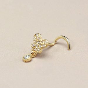 14K Gold Butterfly Nose Stud, 20g Dainty Dangling Gem L Shape Corkscrew Nose Stud, Gold Nose Jewelry, L Bend Screw Nose Piercing Stud Ring