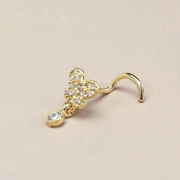 14K Gold Butterfly Nose Stud, 20g Dainty Dangling Gem L Shape Corkscrew Nose Stud, Gold Nose Jewelry, L Bend Screw Nose Piercing Stud Ring