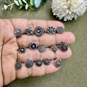 Set of 125 Pc Mix Designs Nath Indian Oxidised Nosepins Pierced Ethnic Traditional Boho Bollywood Style Navratri Nose Ring Corkscrew Nosepin