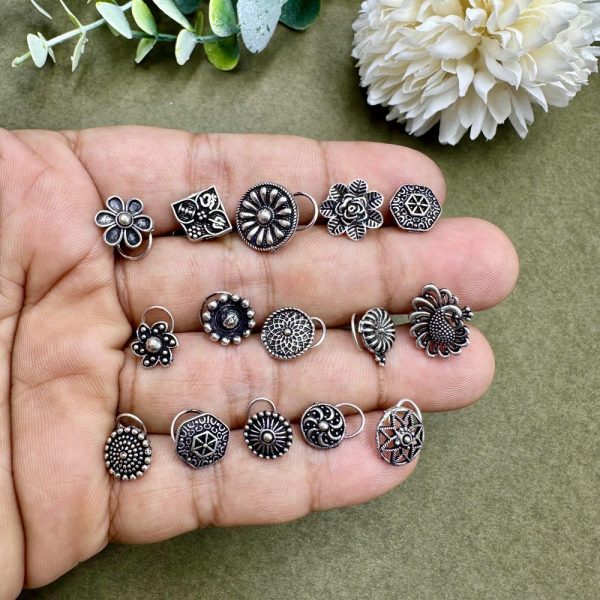 Set of 125 Pc Mix Designs Nath Indian Oxidised Nosepins Pierced Ethnic Traditional Boho Bollywood Style Navratri Nose Ring Corkscrew Nosepin