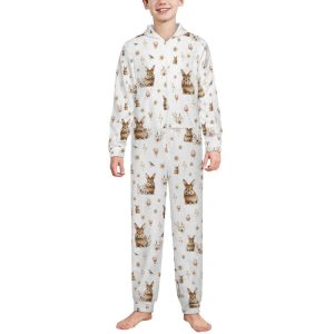 Boho Bunny Kids Zip-Up Jumpsuit Pajama, Cozy One-Piece Hoodie Sleepwear, Soft and Fun Bunny Print Pajamas
