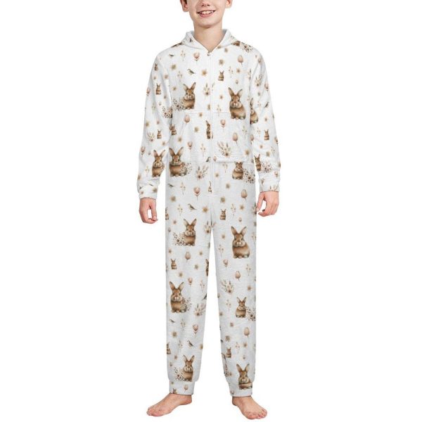 Boho Bunny Kids Zip-Up Jumpsuit Pajama, Cozy One-Piece Hoodie Sleepwear, Soft and Fun Bunny Print Pajamas