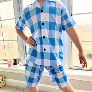 Blue Checkered Big Boys’ V-Neck Short Pajama Set