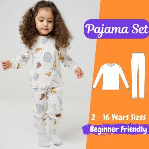 Kids Pajama Set Blouse and Pants Sewing Pattern, Long Sleeve Top Pattern, Elastic Basic Kids Pants Pattern, Beginner Pajama Pattern, 2-16 Y