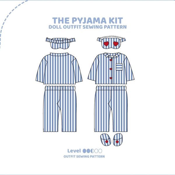 Pyjama. Pdf sewing pattern. Doll clothes pyjama pants, shirt, sleeping mask & slippers. Fits Tinypawspattern stuffed animal dolls. Download.