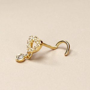 14K Heart Gold Nose Stud, 20G Dainty Dangling Gem Nose Stud, L Shape Corkscrew Nose Piercing, Sparkly Gem Open Heart Nose Jewelry Ring