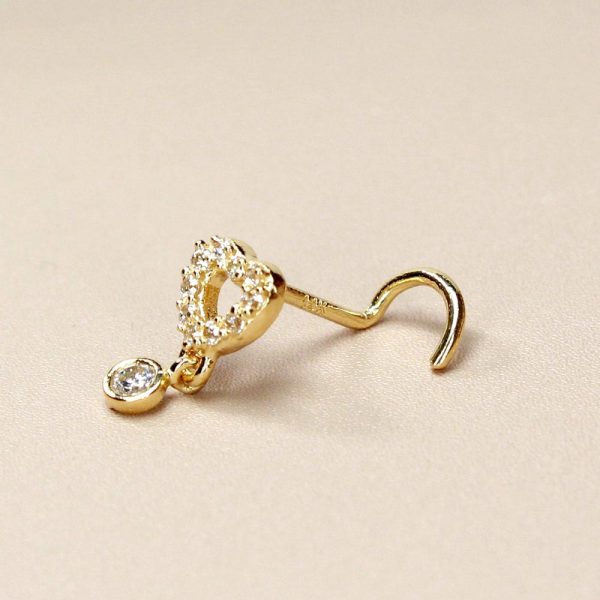 14K Heart Gold Nose Stud, 20G Dainty Dangling Gem Nose Stud, L Shape Corkscrew Nose Piercing, Sparkly Gem Open Heart Nose Jewelry Ring