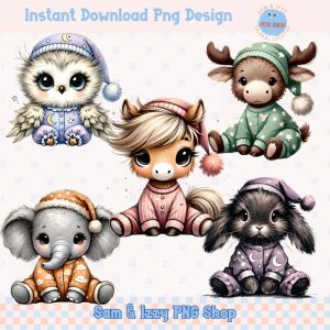 Cute Animal Pajama Slumber Party Png Bundle Sublimation Designs, Woodland Nursery Graphics, Farm Animal Clipart, Cute Toddler Kids Shirt Png