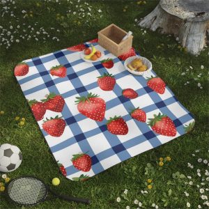 Strawberry Blue Whiteful Checkered Picnic Blanket Perfect for Summer Outings Outdoor Parties Family Gatherings Beach Days Strawberry Decore